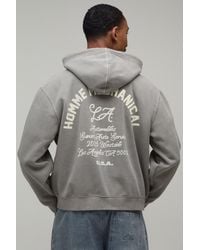 BoohooMAN - Washed Oversized Boxy Motor Print Zip Through Hoodie Cotton - Lyst
