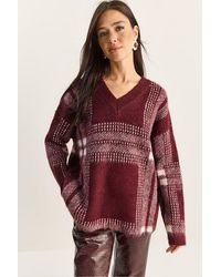 Bianco Lucci - Plaid V-Neck Long Sleeve Knit Sweater - Lyst