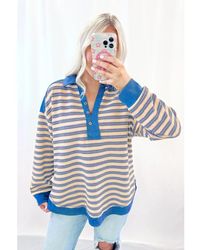 Azura Exchange - Blauw Gestreepte Knopjes V-hals Kraag Drop Shoulder Top - Lyst