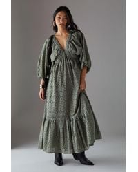 Warehouse - Petite Broderie Plunge Neck Volume Sleeve Smock Midi Dress - Lyst