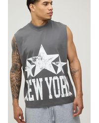 BoohooMAN - Oversized Boxy New York Distressed Print Tank Cotton - Lyst