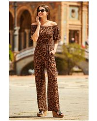 Sosandar - Leopard Print Bardot Wide Leg Jumpsuit With Pockets - Lyst