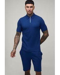 BoohooMAN - Tall Slim Fit Waffle Zip Neck Polo & Shorts Set - Lyst