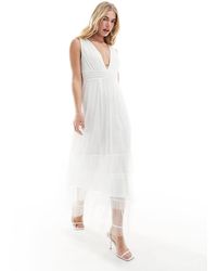 Vila - Bridal Tulle Plunge Maxi Dress With Tiered Skirt - Lyst