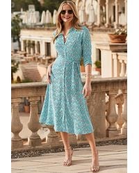 Sosandar - Aqua Geometric Print Tie Waist Shirt Dress - Lyst