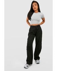 Boohoo - Petite High Waisted Twill Straight Leg Cargo Pants - Lyst