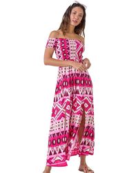 Roman - Aztec Shirred Bardot Maxi Dress - Lyst