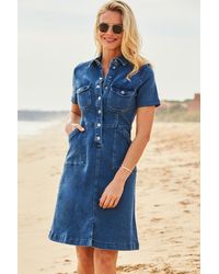Sosandar - Popper Front Short Sleeve Stretch Denim Dress Cotton - Lyst