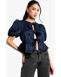Boohoo - Textured Jacquard Tie Front Puff Sleeve Smock Top - Lyst