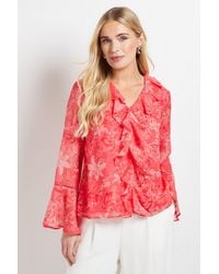 Wallis - Petite Floral Lace Trim Ruffle Blouse - Lyst