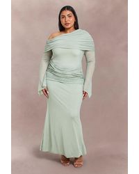 Boohoo - Plus Mesh Bardot Drape Detail Maxi Dress - Lyst
