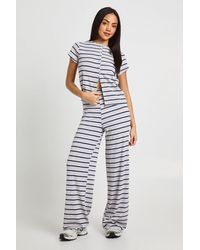 Boohoo - Stripe Rib Button Through Cap Sleeve Top And Trouser Set - Lyst