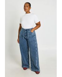 Boohoo - Plus Tie Elasticated Waist Back Washed Wide Leg Jeans - Lyst