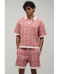BoohooMAN - Oversized Boxy Crochet Square Knitted Polo And Short Set - Lyst