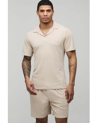 BoohooMAN - Jersey Textured Ribbed Slim Fit Polo & Relaxed Short Set - Lyst