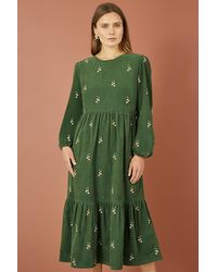 Yumi' - Long Sleeve Midi Dress With Floral Embroidery Cotton - Lyst