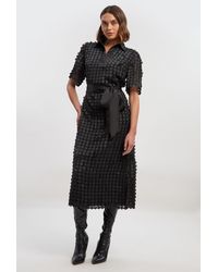Karen Millen - Textured Georgette With Satin Collared Shirt Midi Woven Dress - Lyst