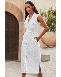 Sosandar - Ivory Belted Denim Midi Dress - Lyst