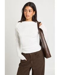 Boohoo - Sheer Textured Slash Neck Long Sleeve Top - Lyst