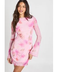 Boohoo - Floral Mesh Flare Sleeve Mini Dress - Lyst