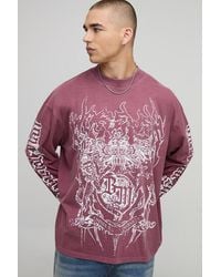 BoohooMAN - Burgundy Oversized Extended Neck Washed Gothic Bm Crest Long Sleeve T-Shirt - Lyst