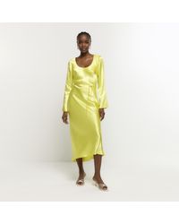 River Island - Slip Midi Dress Satin Belted Viscose - Lyst