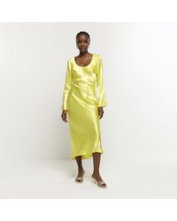 River Island - Slip Midi Dress Satin Belted Viscose - Lyst