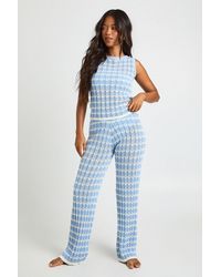 Boohoo - Crochet Stripe Knit Top And Wide Leg Co-Ord - Lyst