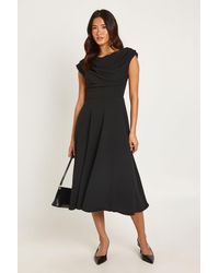 Boohoo - Jersey Crepe Drape Shoulder Midi Skater Dress - Lyst