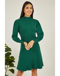 Yumi' - Knitted Button Up Midi Dress With Balloon Sleeves Viscose - Lyst