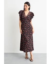 Warehouse - Floral Print Ruffled Sleeve V Neck Maxi Dress - Lyst