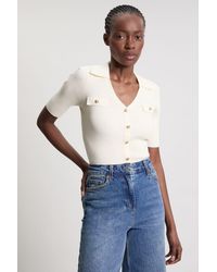 Karen Millen - Military Trim Rib Knit Short Sleeve Collared Top - Lyst