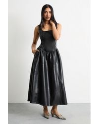 Warehouse - Faux Leather Whipstitch Trim Midi Dress - Lyst