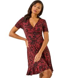 Roman - Floral Print Wrap Frill Stretch Dress - Lyst