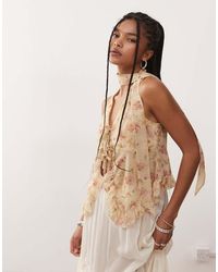 Reclaimed Vintage - Chiffon Floral Print Ruffle Tie Front Blouse With Matching Scarf - Lyst