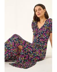 Roman - Floral Print Ruched Stretch Midi Dress - Lyst