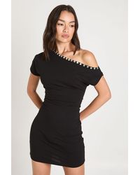 Boohoo - Off The Shoulder Pearlised Button Mini Dress - Lyst