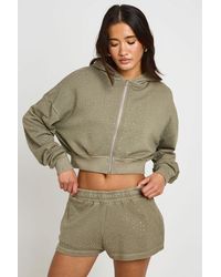 Boohoo - Washed Rhinestone Boxy Crop Zip Through Hoodie - Lyst