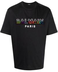 Balmain - T-shirt Met Gespleten Textuur En Logo In Zwart - Lyst