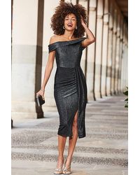 Sosandar - Pewter Ruched Side Detail Bardot Dress - Lyst