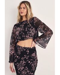 Nasty Gal - Floral Button Through Cropped Fluted Sleeve Top - Lyst