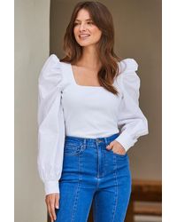 Sosandar - Ivory Puff Sleeve Rib Jersey Top - Lyst