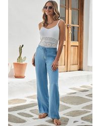 Sosandar - Light Wash Denim Drawstring Wide Leg Trousers With Pocket Detail - Lyst