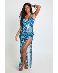 Boohoo - Abstract Print Sheer Mesh Plunge Maxi Beach Dress - Lyst