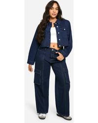 Boohoo - Plus Cargo Pocket Raw Contrast Stitch Denim Jean - Lyst