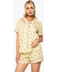 Boohoo - Cherry Print Pinstripe Piping Detail Short Sleeve Shirt & Shorts Pyjama Set - Lyst