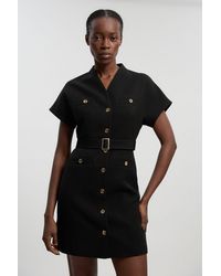 Karen Millen - Textured Compact Stretch High Neck Belted Mini Dress - Lyst
