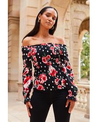 Sosandar - Floral Print Shirred Body Bardot Top - Lyst
