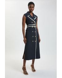 Karen Millen - Compact Stretch Double Breasted Belted Tipped Tailored Midi Dress - Lyst