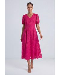 Wallis - Floral Jacquard Puff Sleeve Midi Dress - Lyst